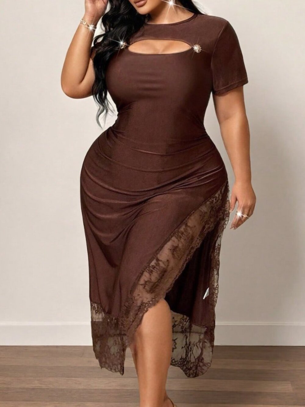 Brown Elegant Women's Round Neck Fitted Short Sleeve Dress - Picture 4 of 7